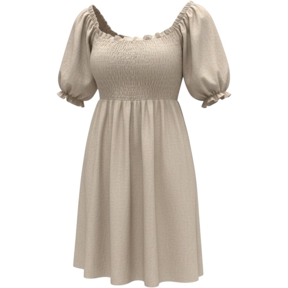 SUGAR+LIPS Off Shoulder Smocked Puff Sleeve Linen Blend Lined Dress Beige Size S